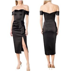 Dress The Population Alani Off the Shoulder Satin Midi Sheath Dress